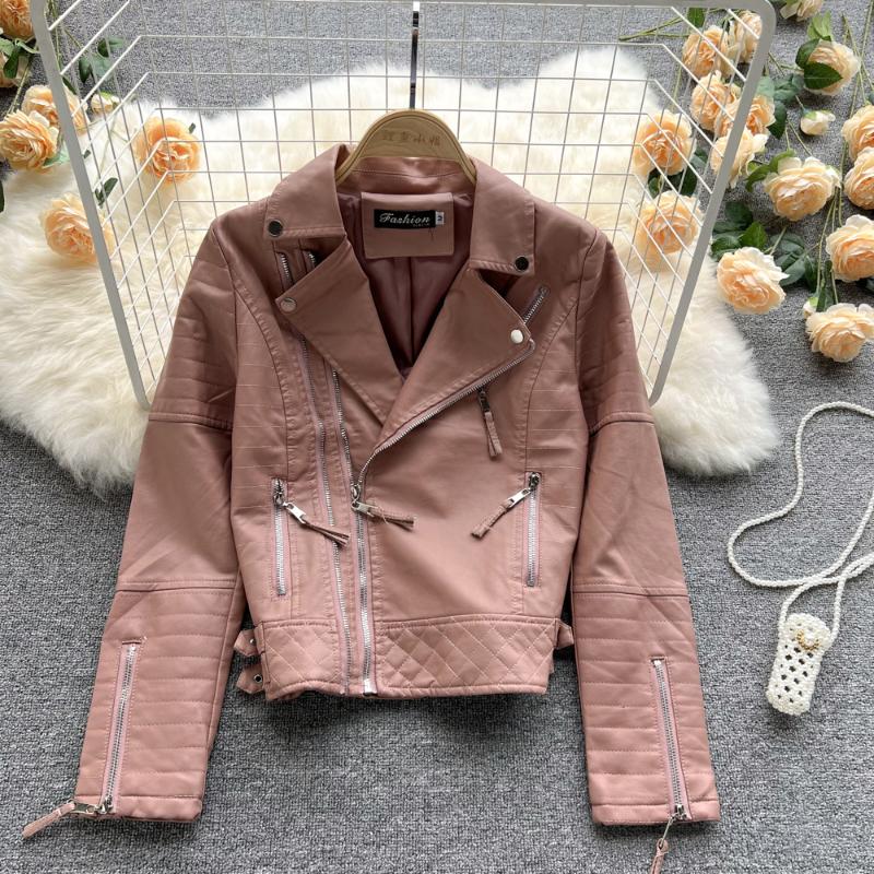 

Women's Leather & Faux Women Jacket Autumn Ladies Notched Collar Zipper Slim Black Pink Pu Fashion Motorcycle