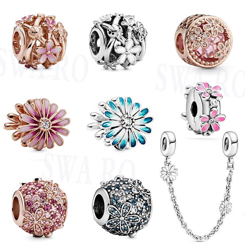 

2020 Fashion New High Quality Silver 1: 1 White, Pink Daisy Flowers Bouquet Series Charm DIY Jewelry Original Woman Classic Gift Q0531