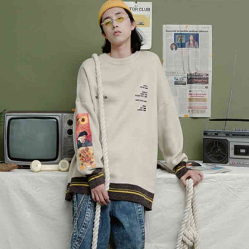 

oversized men gengar autumn van gogh print clothing causal harajuku girl knitted hip hop sweater y2k pullovers, White;black