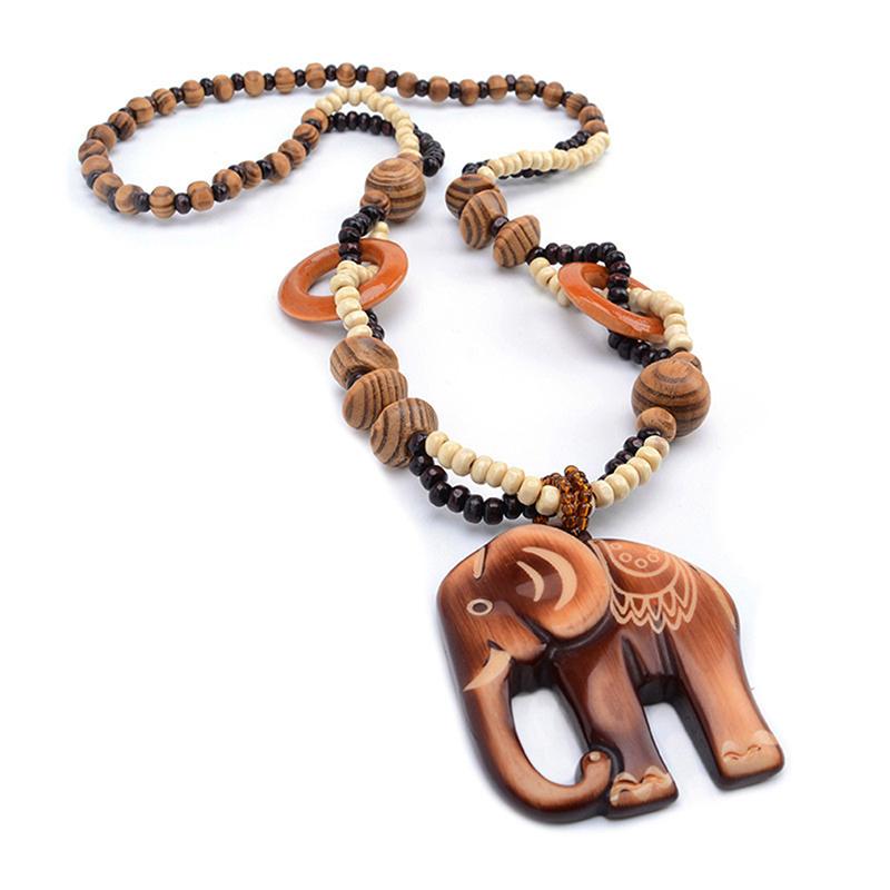 

Pendant Necklaces 2021 Boho Ethnic Jewelry Long Hand Made Bead Wood Elephant For Women Fashion Party