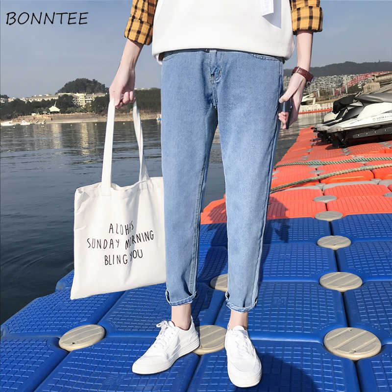 

Men Jeans Casual Slim Pencil Solid Korean Style Ulzzang Denim All-match New Hong-Kong Washed Vintage Ankle-length Male Fashion X0621, Light blue