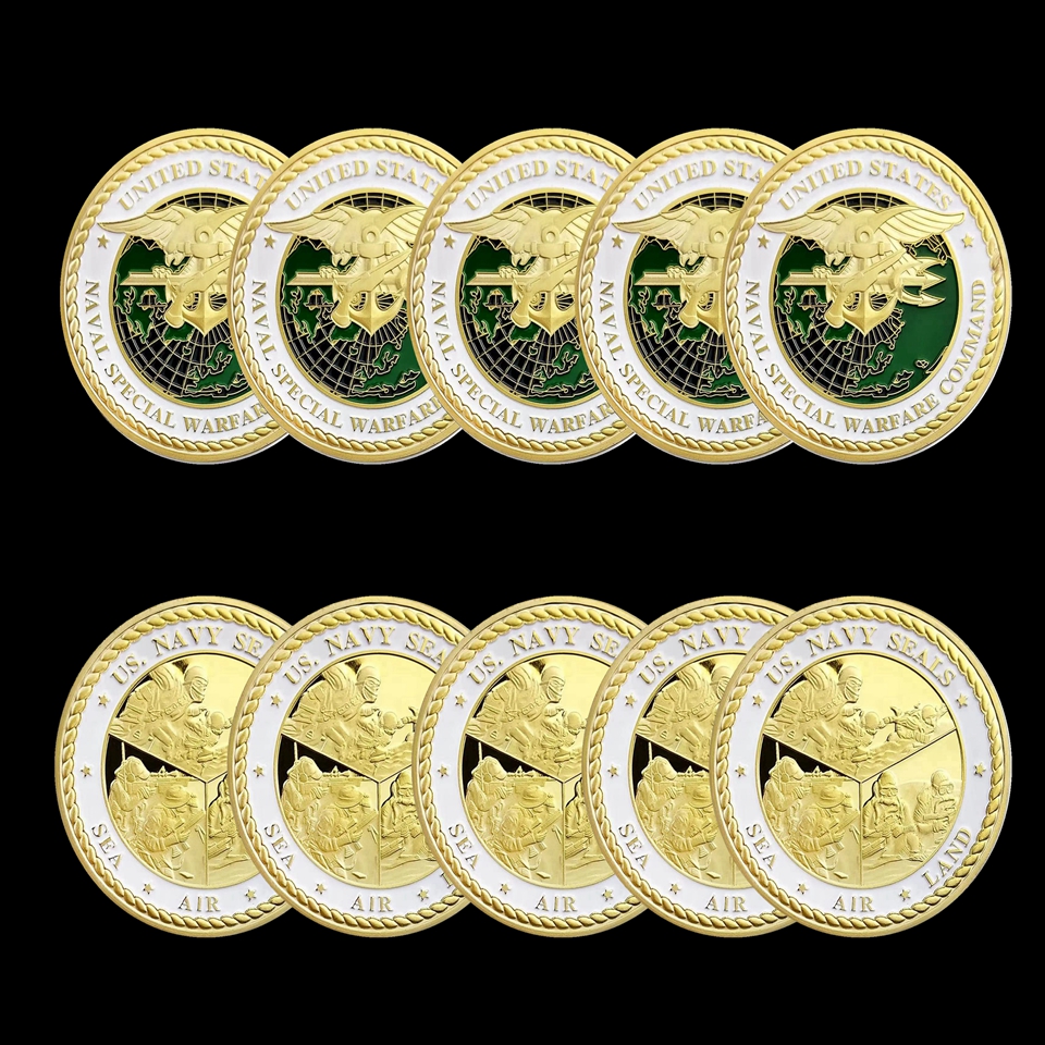 

5pcs Non Magnetic Crafts US Navy Seals Sea Air Land Naval Special Warare Command Gold Plated Challenge Coin