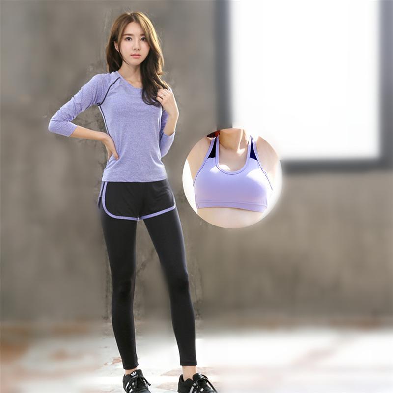 

Women 3 Pieces Yoga Set Purple T-shirt&Black/Purple Patchwork Pants&Bra Quick Dry Girls Sportswear Running Gym Sports Clothes, Set17108