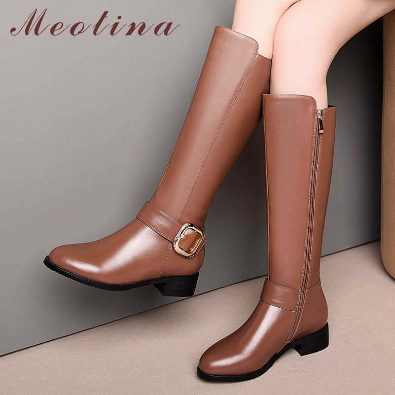 

Meotina Winter Riding Boots Women Natural Genuine Leather Buckle Chunky Heels Knee High Boots Zip Round Toe Shoes Lady Autumn 39 210608, Black