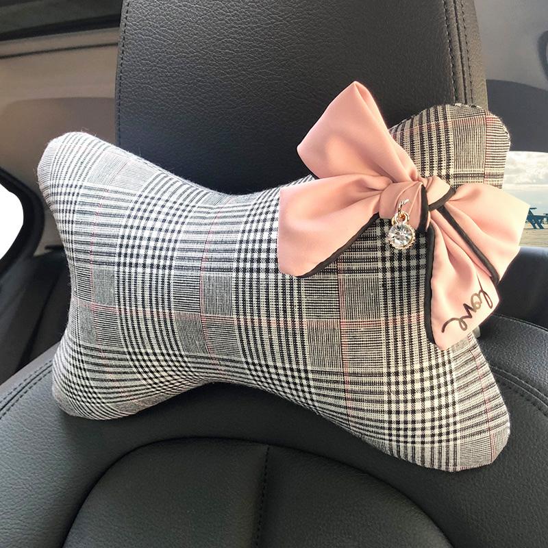 

Seat Cushions Diamond Bowknot Car Neck Pillow Classic Plaid Fabric Auto Interior Headrest Support Waist Pillows Accessories For Girls