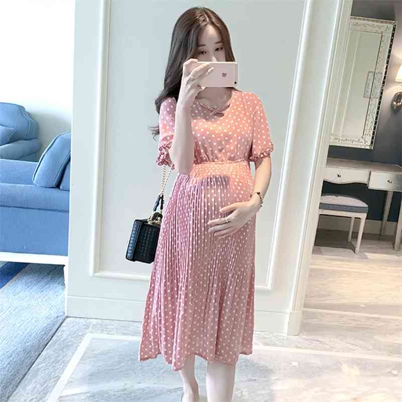 

Chiffon Dresses Maternity Clothing For Pregnant Women Short Sleeve V-neck Dot Vestidos Pregnancy Dress Summer 210721, Pink