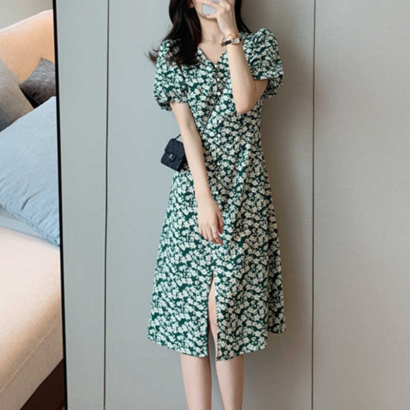 

Summer Women Puff Sleeve Chiffon Split Dress Sexy Office Lady Casual Slim Party Vestidos 210526, Picture color