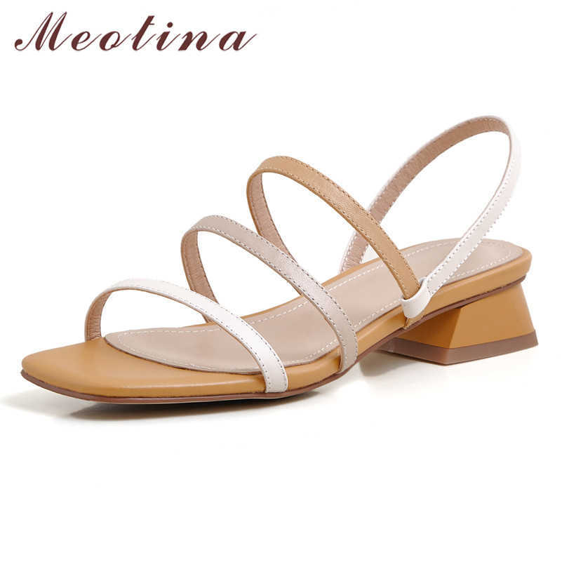 

Meotina Narrow Band Women Shoes Genuine Leather Low Heel Sandals Square Toe Thick Heels Footwear Ladies Sandals Summer Yellow 40 210608