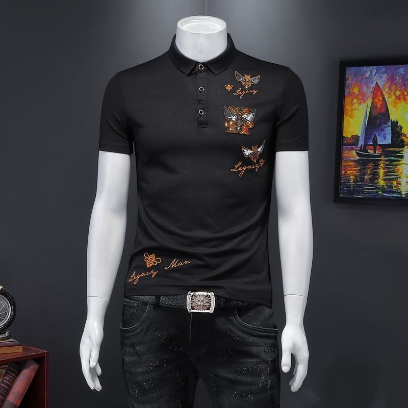 

New Breathable Bee Embroidery 2021 Summer High Quality Sequins Short-sleeved Lapel Black Shirt Mannen Polo Qlrs