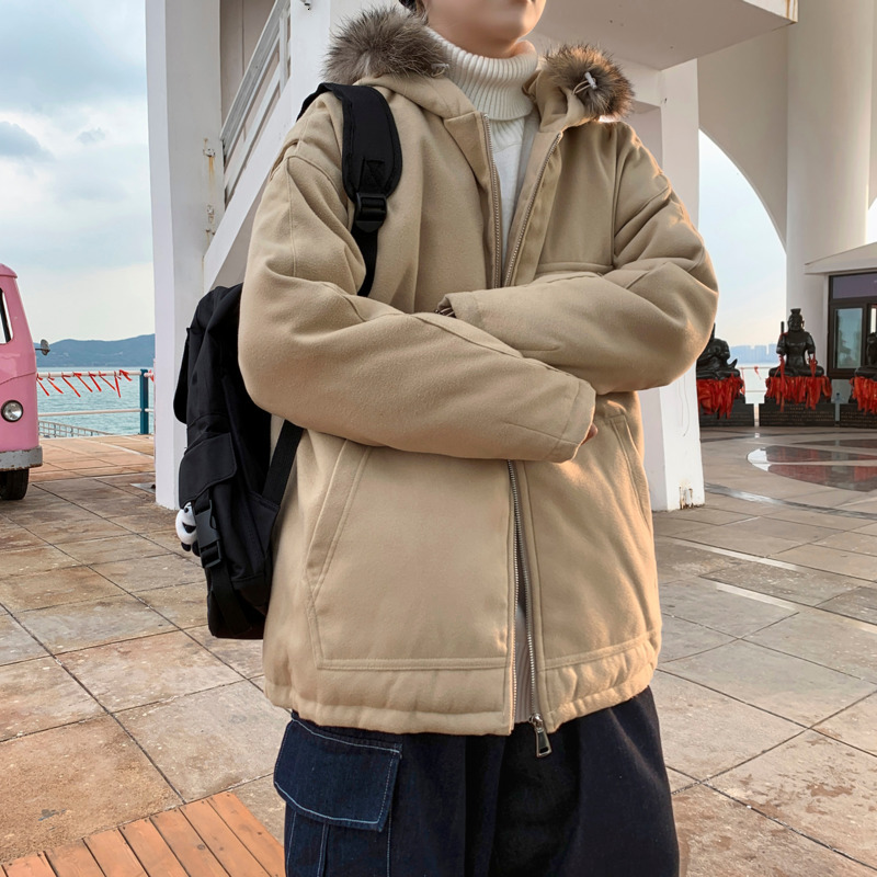 

2021 New Winter Jacket Men's Parka Warm Fashion Casual Fur Collar Hooded Men Streetwear Loose Cotton Thick Short Coat Mens Clothes Dktx, Camel
