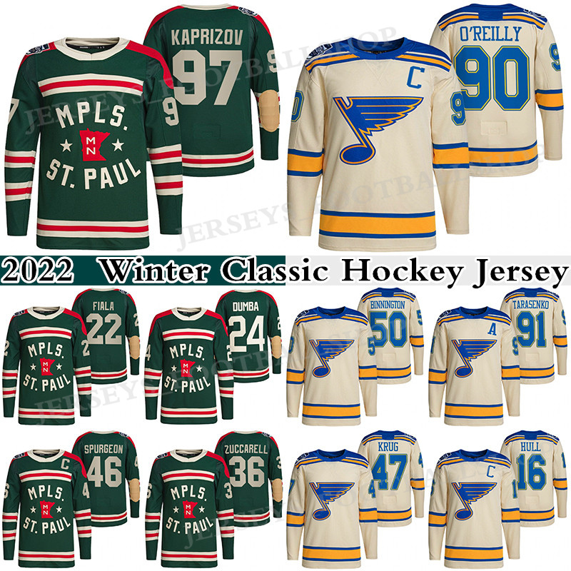 

97 Kirill kaprizov 2022 Winter Classic Jersey Minnesota Wild 22 Kevin Fiala 24 Matt Dumba St. Louis Blues 90 Ryan O'Reilly 50 Binnington 91 Tarasenko Hockey Jerseys, Green 2022 winter classic