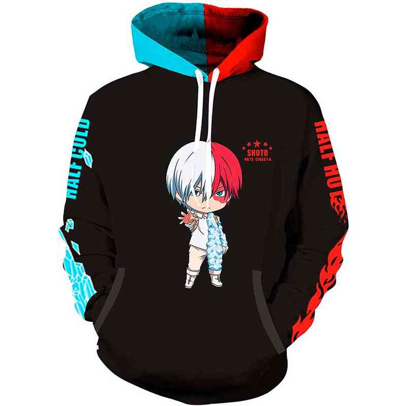 

3D Anime My Hero Academia Todoroki Shouto Midoriya Izuku Hoodi Sweatshirts Cartoon Role Play Mens Women Autumn Sportwear Coats, Black