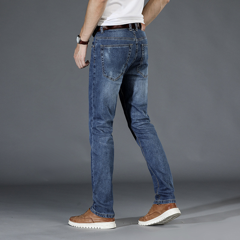 

2021 New Mens Fashion Straight Cotton Distressed Men's Slim Stretch Men Denim Pants Solid Male Trousers Jeans Streetwear Whsc, Navy blue
