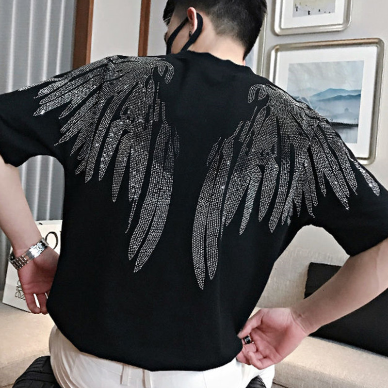 

2021 New Hot Drilling Wings Short Sleeve T-shirt Black Tshirt for Men Summer Top White Social Club Outfits Streetwear Tee Shirt Homme C8ky