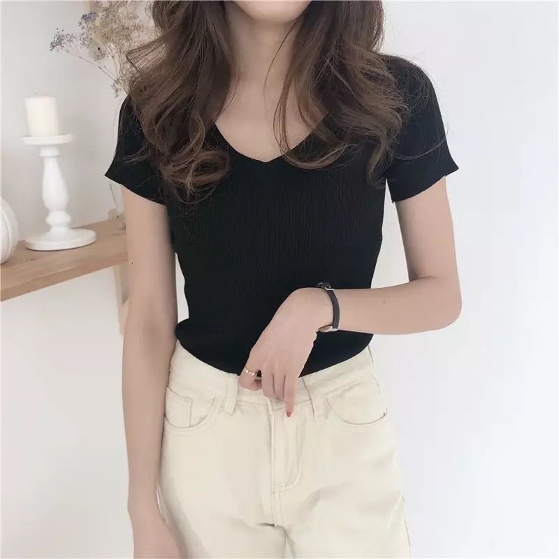 

2021 New Harajuku Kawaii Sleeve Short Mesh of Summer Women School Basic Youth Style t Shirt Clothes 74yg, Black