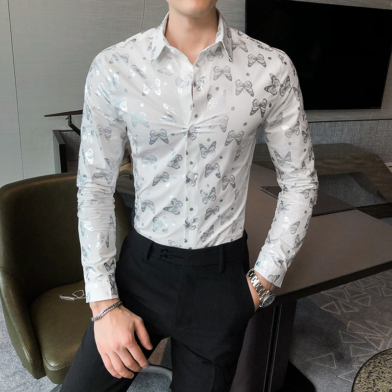 

Mode Butterfly Print Shirt Men's Clothes Spring 2021 New Sleeve Long Casual Shirts All Games Streetwear Tuxedo Ed 3xl-m I4xy, White