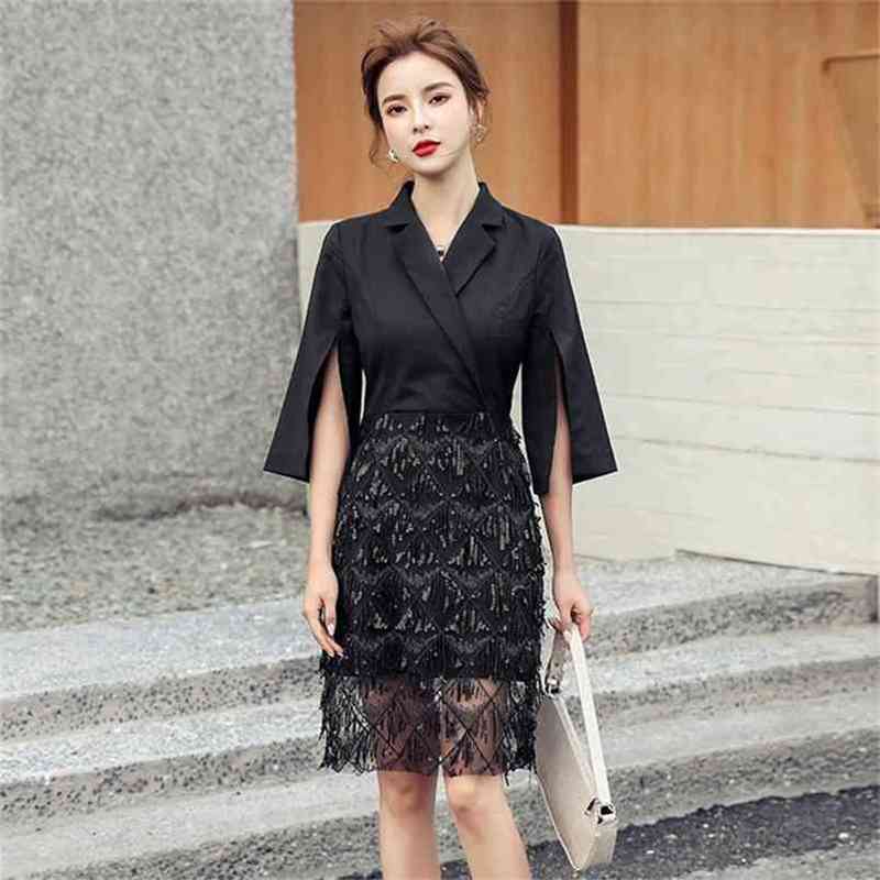

Women Fashion Sequin Embroidery Tassels Black Mini Dress Summer Notched Collar Half Sleeve Elegant Party Dresses Vestidos 210603, Picture color
