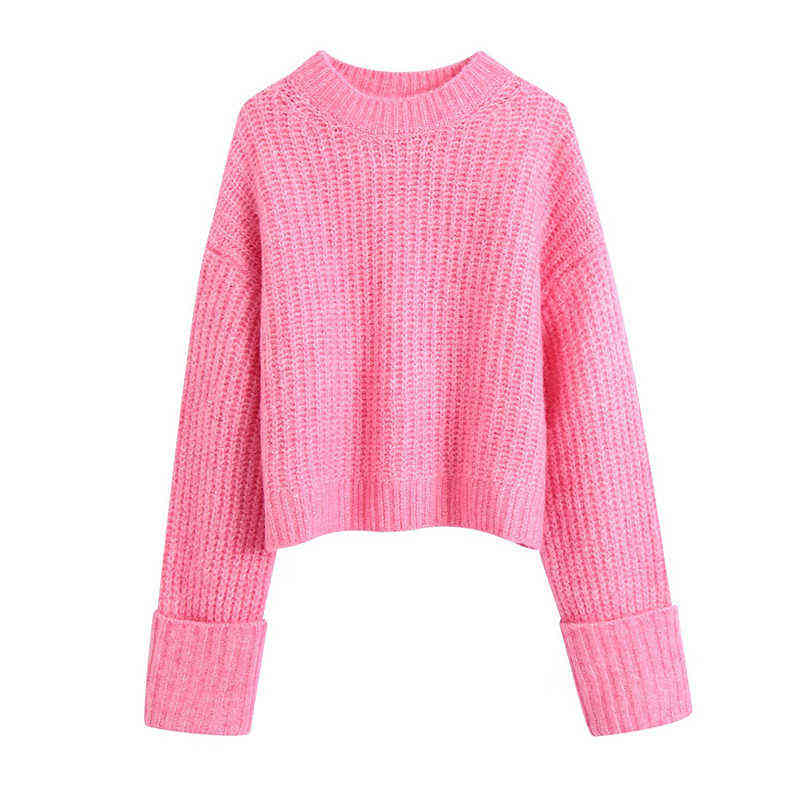 

Evfer 2021 Spring Autumn Girls Casual O-Neck Long Sleeve Pink Sweater Womens Fashion Thicken Cuff Short Knitted Za Chic Pullover Y1110