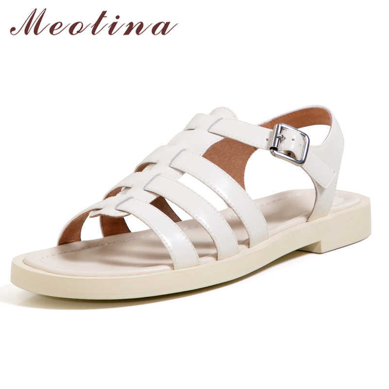 

Meotina Women Gladiator Sandals Shoes Leather Buckle Sandals Flat T-strap Sandals Square Toe Ladies Footwear Summer Beige 40 210608