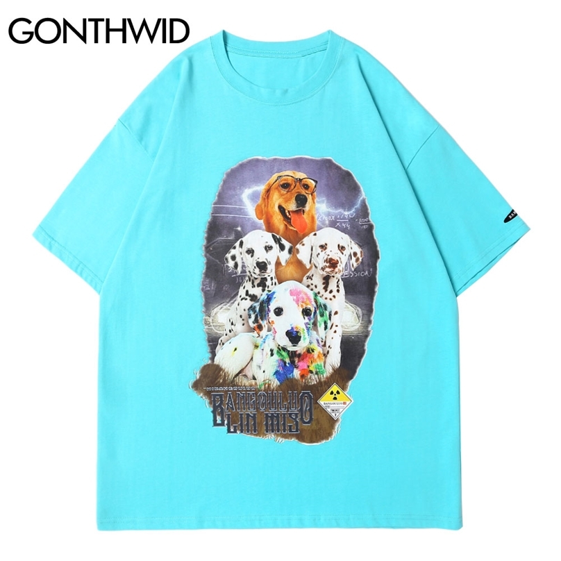 

Tees Shirts Harajuku Dogs Animal Print Short Sleeve Tshirts Hip Hop Casual Streetwear Mens Fashion Cotton Tops 210602, White