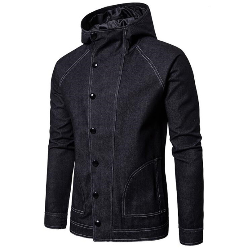 

2021 New Plus Size Fashion Autumn Winter Jeans Solid Color Slim Fit Hooded Jackets Men Outwear Casual Bomber Jacket Slwo, Black