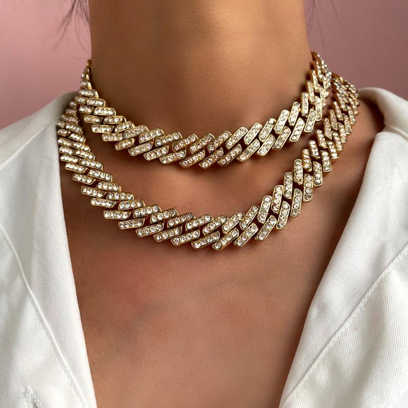 

Chains Luxury Pink Crystal Iced Out Hip Hop Cuban Chunky Choker Necklaces For Women Men Gold Silver Color Metal Heavy Rock Punk Jewelry