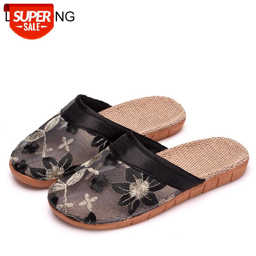 

LCIZRONG New Home Hollow Embroidery Women Slippers Home Lace Breathable Linen Slippers Ladies Flower Outside Beach Shoes Slides #U94J, Black