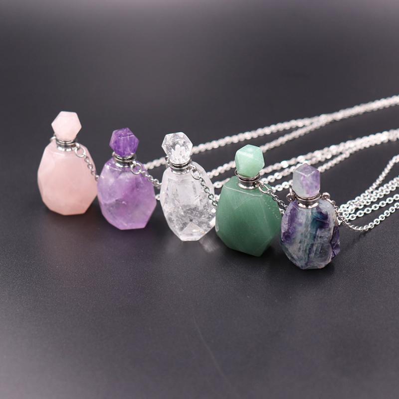 

Pendant Necklaces Natural Stone Crystal Perfume Bottle Necklace For Women Stainless Steel Chain Female Jewelry Gifts