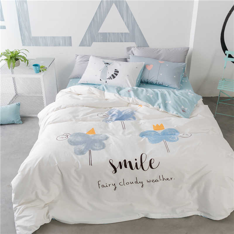 

Four piece bed set new small fresh printed bedding cartoon animation bed sheet quilt cover, White