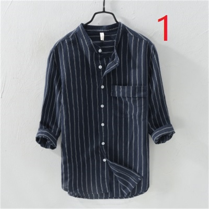 

2021 New Men's Striped Collar Cardigan Shirt Cotton and Linen Seven-point Sleeves on Clothes Spring 0fke