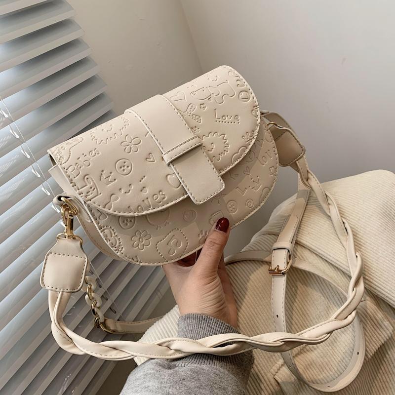 

Soft PU Luxury Saddle Handbag Lovely Cartoon Emboss Lady Shoulder Bag Spring&Summer Fashion Design Bag Flap Women Crossbody, Black