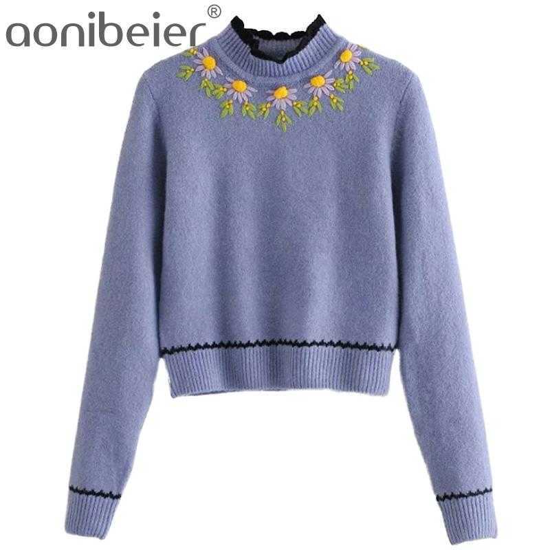 

Blue Embroidered Knit Sweater Women Turtleneck Long Sleeve Embroidery Floral Knitted Top Woman Chic Slim Pullover 210604