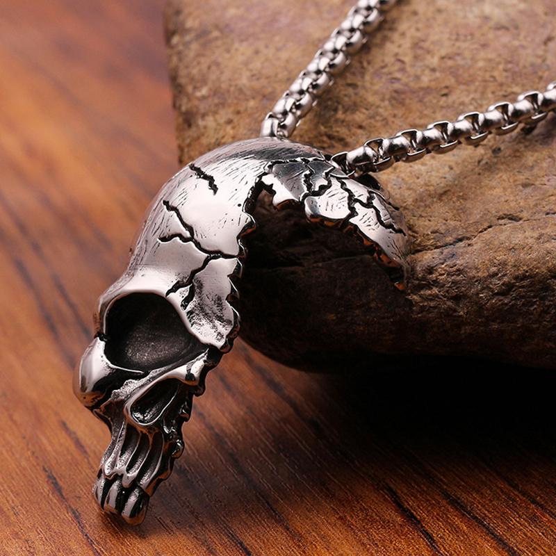 

Chains Gothic Stainless Steel Skull Necklace Mens Chain Punk Street Biker Pendant Fashion Goth Accessories For Men, Silver