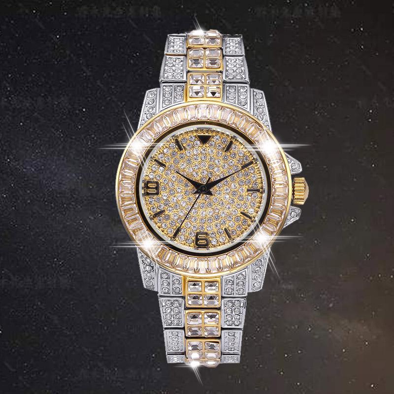 CZ Bling Diamond Men's Watch Role 18k Gold Plated Ice out Quartz Iced Wrist Watches for Men Male Waterproof Wristwatch Hours-image-667435410