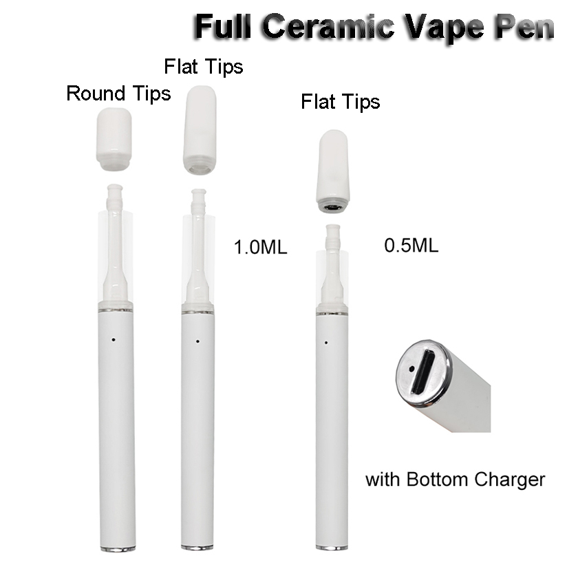 

Full Ceramic Disposable Vape Pen 1.0ml 0.5ml Carts Round Tips Rechargeable Vaporizer Starter Kit 290mAh Battery Packaging Empty Oil Atomizer