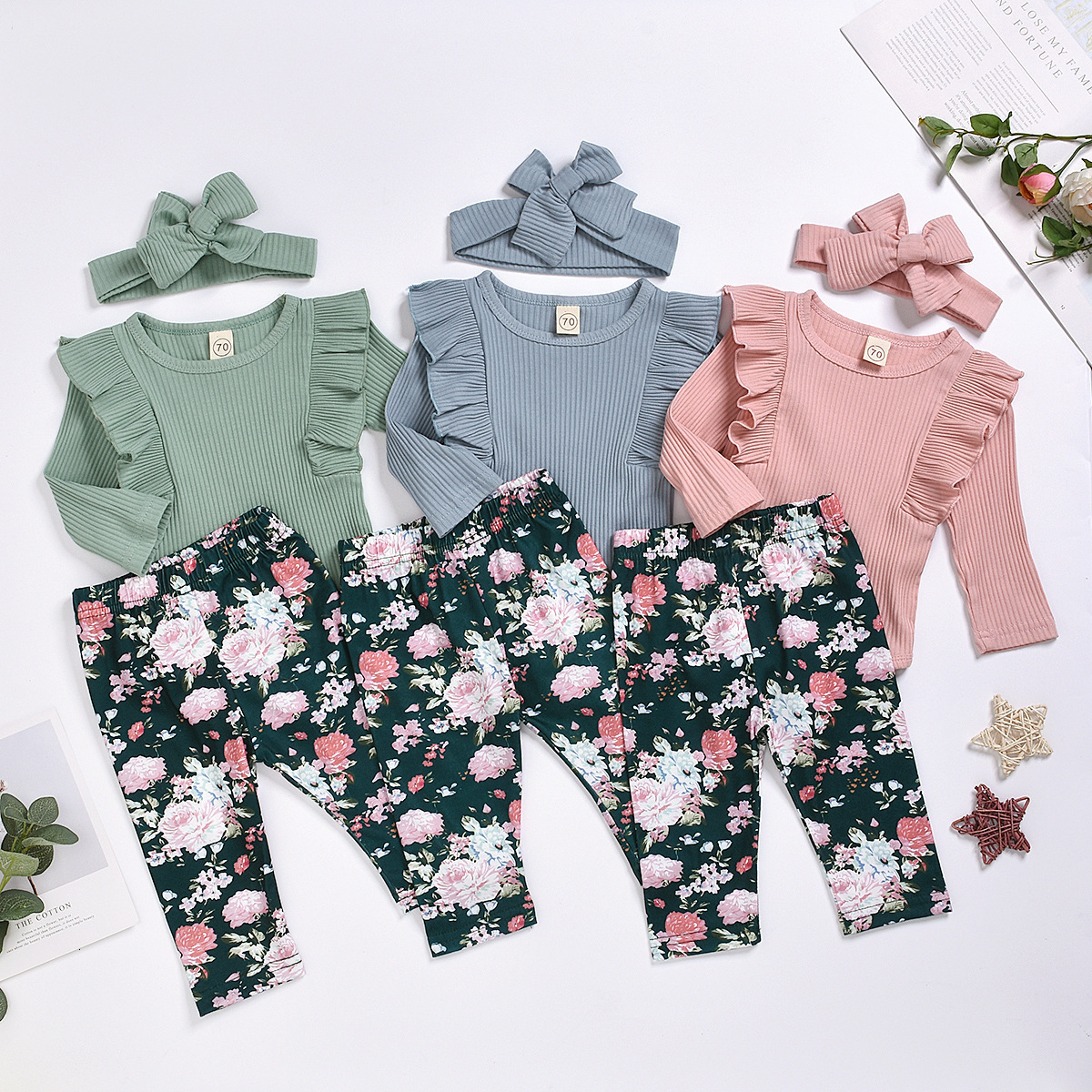 

New 2021 Spring Newborn Clothes Set 2pcs Infant Baby Girls Romper+pants+hairband Print Floral Kids Babywear Tjg1, Pink