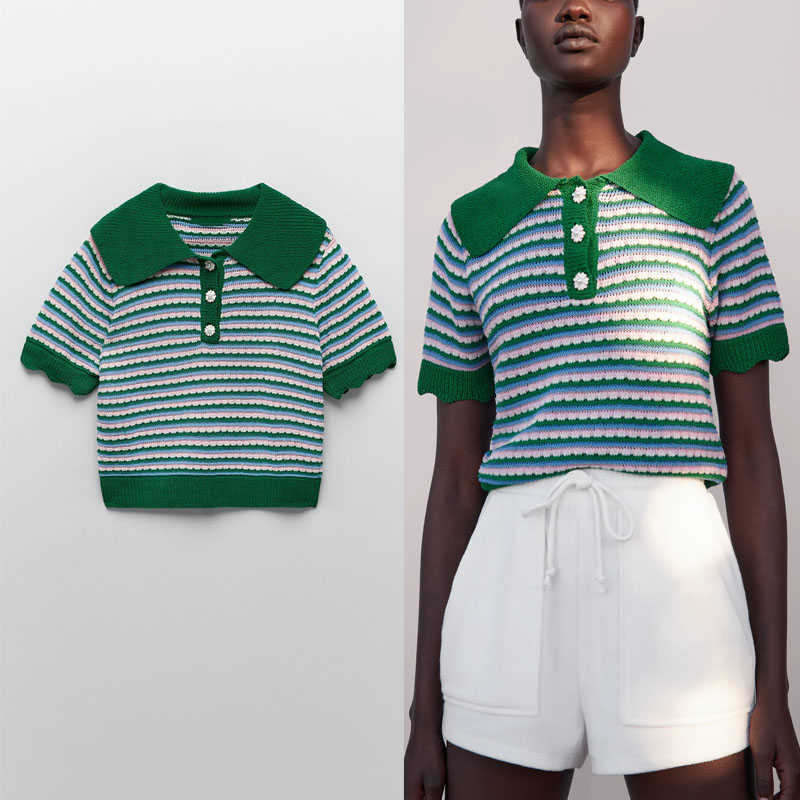 

Za Vintage Striped Knit Shirt Women Short Sleeve Polo Neck Jewel Button Summer Top Female Chic Slim Green Knitted Shirts 210602