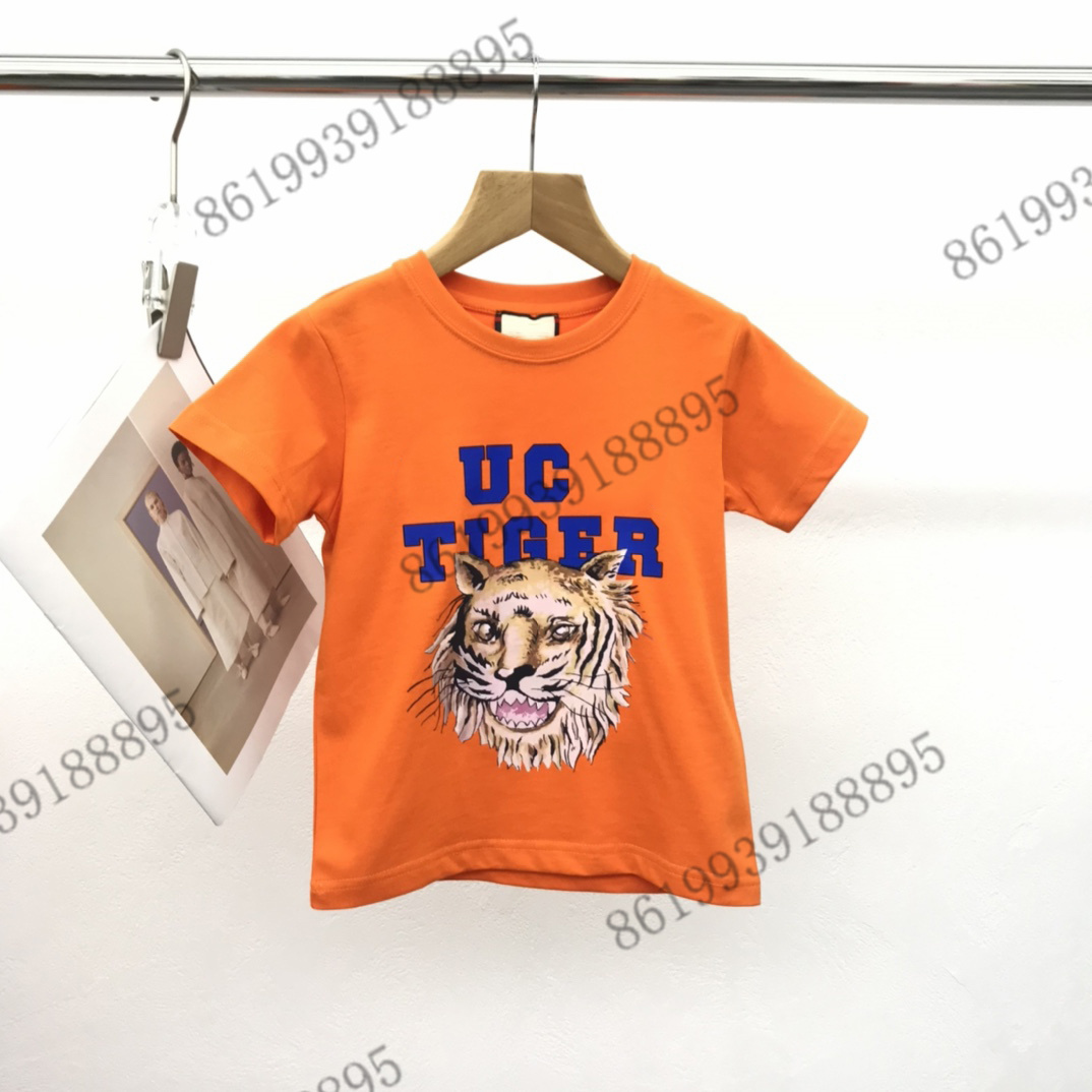 

2022ss kids orange T-Shirt brand designer New Fawn Print Color block Round Neck Short Sleeve T-Shirts summer boys tops and tees kids cotton clothing lovely cat printing, Blue