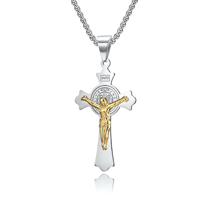 Pendant Necklaces INRI Jesus Double-Layer Cross Stainless Steel Chain With 24Inch Necklace For Men Him Religious Jewelry-image-711295717