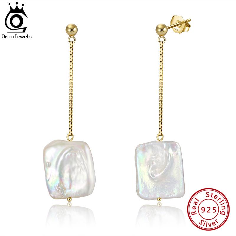 

Dangle & Chandelier ORSA JEWELS Trendy Baroque Freshwater Pearl Earrings For Women 925 Silver 20mm Big Flat Drop Jewelry GPE05