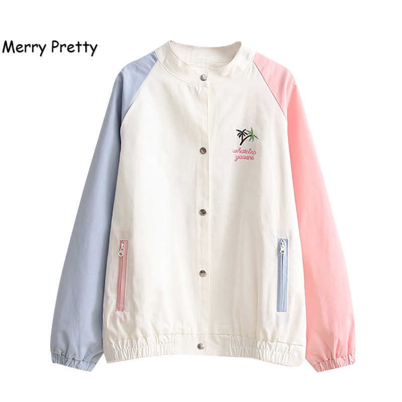 

Merry Pretty Preppy Style Autumn Cotton Jacket Women Long Sleeve Button Teens Coat Fashion Embroidery Patchwork Bomber Jackets 210526, White