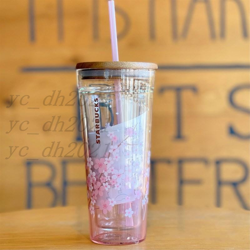 

2021 Japanese style Starbucks Mugs sakura Wooden cover Straw cup 591ML Cherry blossom Double layer glass coffee cups gift, Clear