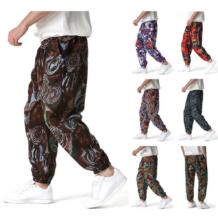 

2022 Happyjeffery Ethnic Style Men Harem Pants Cotton Linen Sport Casual Trousers Graffiti Print Drawstring Middle Waist Loose Baggy Trousers Male Hose HK03, #6
