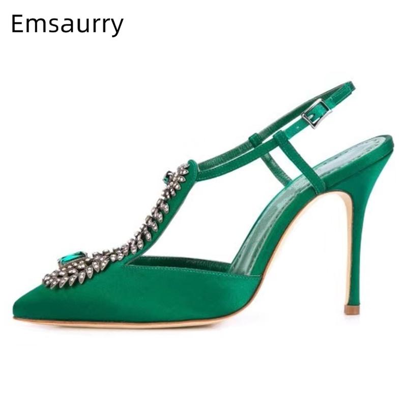 

Green Diamond Decor Summer Gladiator Sandals Women Thin High Heels Pointed Toe T-strap Luxury Rhinestone 2021 Party Shoes Woman, Red