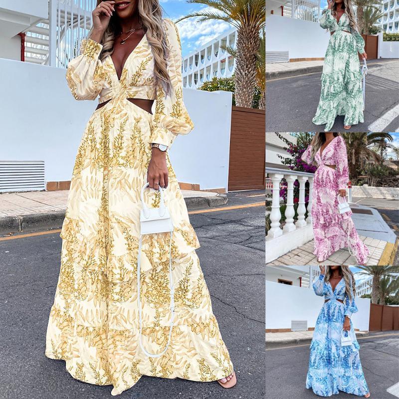 

Casual Dresses Women Hollow Out Print Dress High Waist Hole Long Sleeve V Neck Female Slim Fit Beach Vestido, Blue