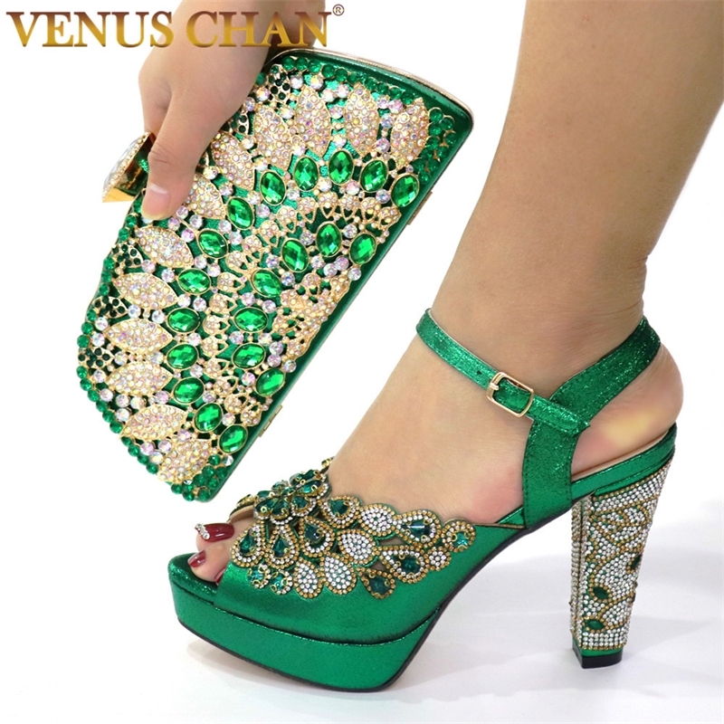 

NEW GREEN With Print Desgin Shoes And Evening Bag Set Hot Sale Sandal Shoes With Handbag Heel Height .5CM 210310, Black