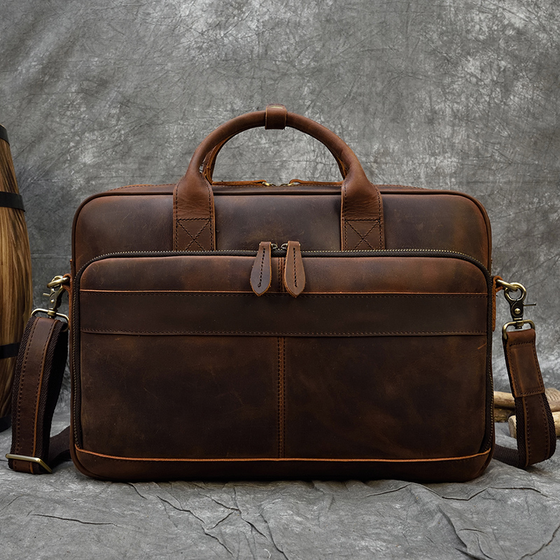 

Men Briefcase Genuine Leather Laptop Bag 15.6 PC Doctor Lawyer Computer Bag Cowhide Male Cow Mens Bags, Design1 oil brown