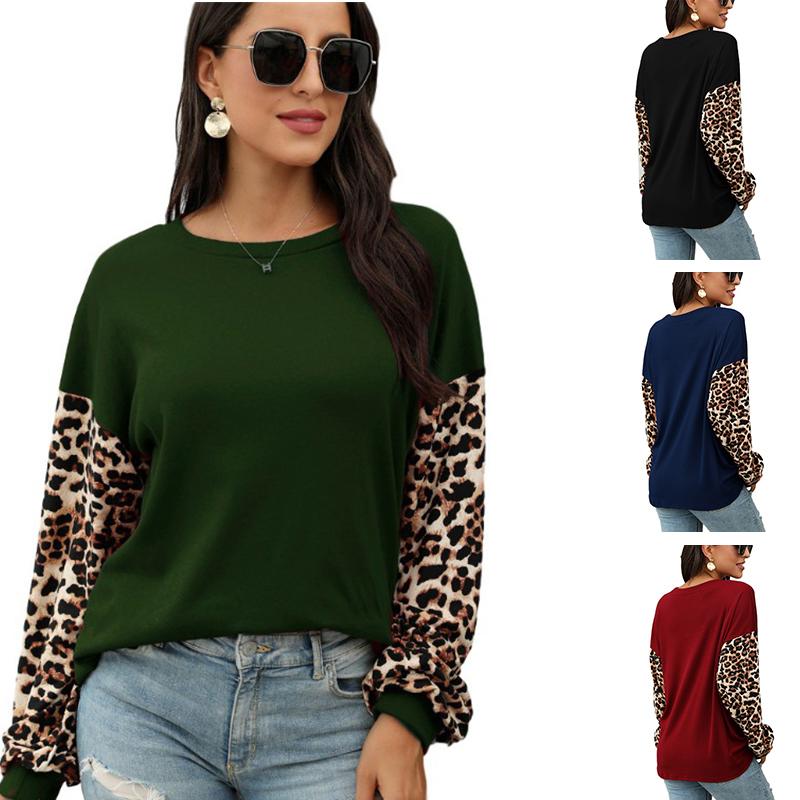 

Women's Hoodies & Sweatshirts Autumn Sweatshirt For Women O-neck Loose Pullovers Casual Streetwear Lantern Sleeve Female Leopard Print Stitc, Black
