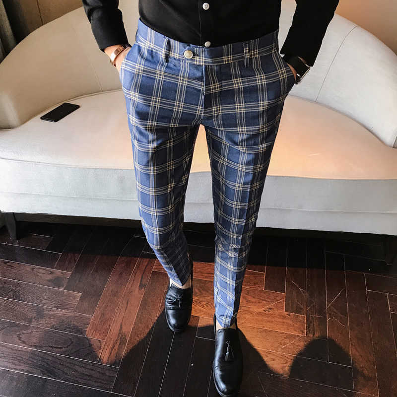 

Men Dress Pant Plaid Business Casual Slim Fit Pantalon A Carreau Homme Classic Vintage Check Suit Trousers Wedding Pants CJ191210, B lu