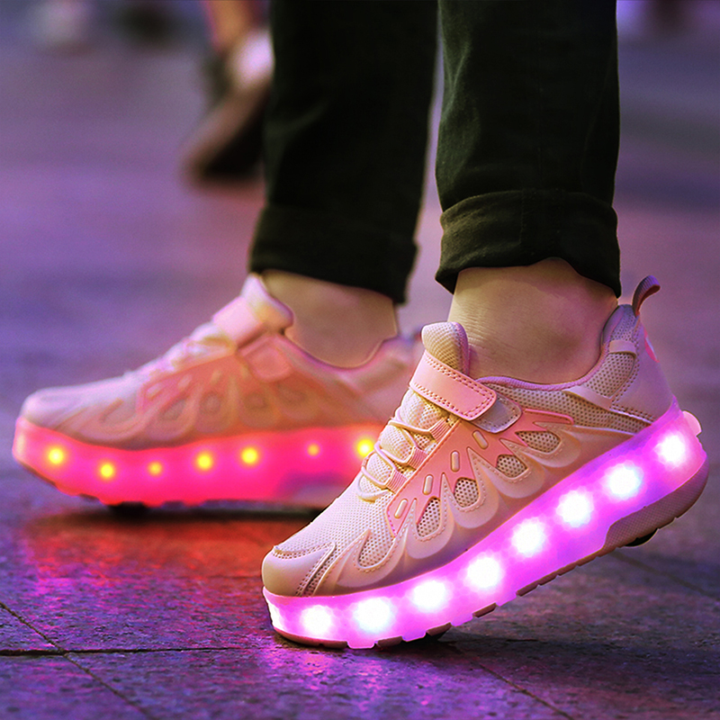 

Size 28-40 Boys USB Charged Luminous Roller Skate Shoes LED Wheels Sneakers for Children Girls Double Wheels Glowing Shoes, Black